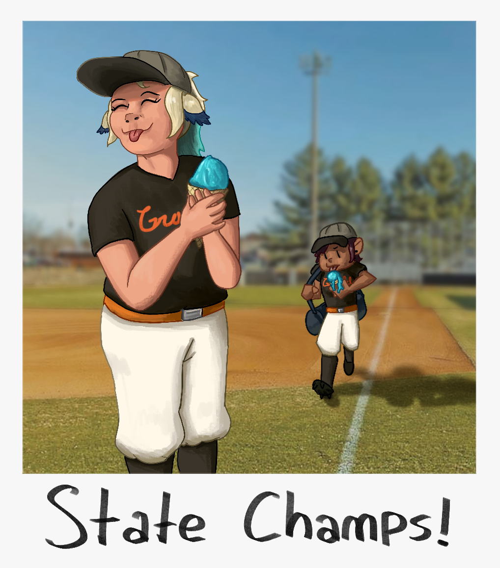 A digital drawing formatted as a polaroid image. Vee stands on a baseball field in a baseball uniform with a black jersey and white pants. She is playfully sticking out her tongue and smiling toward the viewer with her eyes closed. She holds an ice cream cone in both hands. Behind her in the midground, a cartoony Luz in the same uniform is walking toward the viewer looking intensely at her ice cream cone that is melting all over her hands. The bottom of the polaroid photo has a marker-like handwritten note reading "State Champs!".